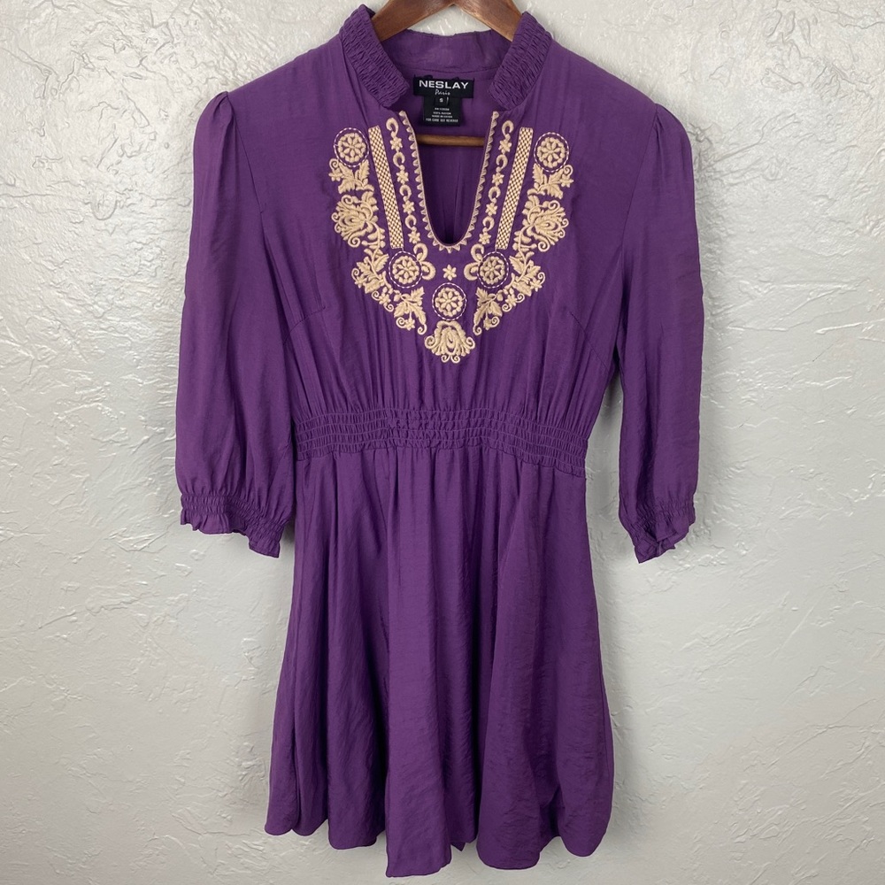 Neslay Paris purple embroidered boho Moroccan mini dress S, fits like XS/SM
